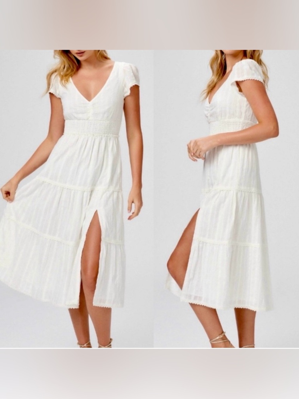 PAIGE White Tiered Midi Dress with Deep V and Side Slit